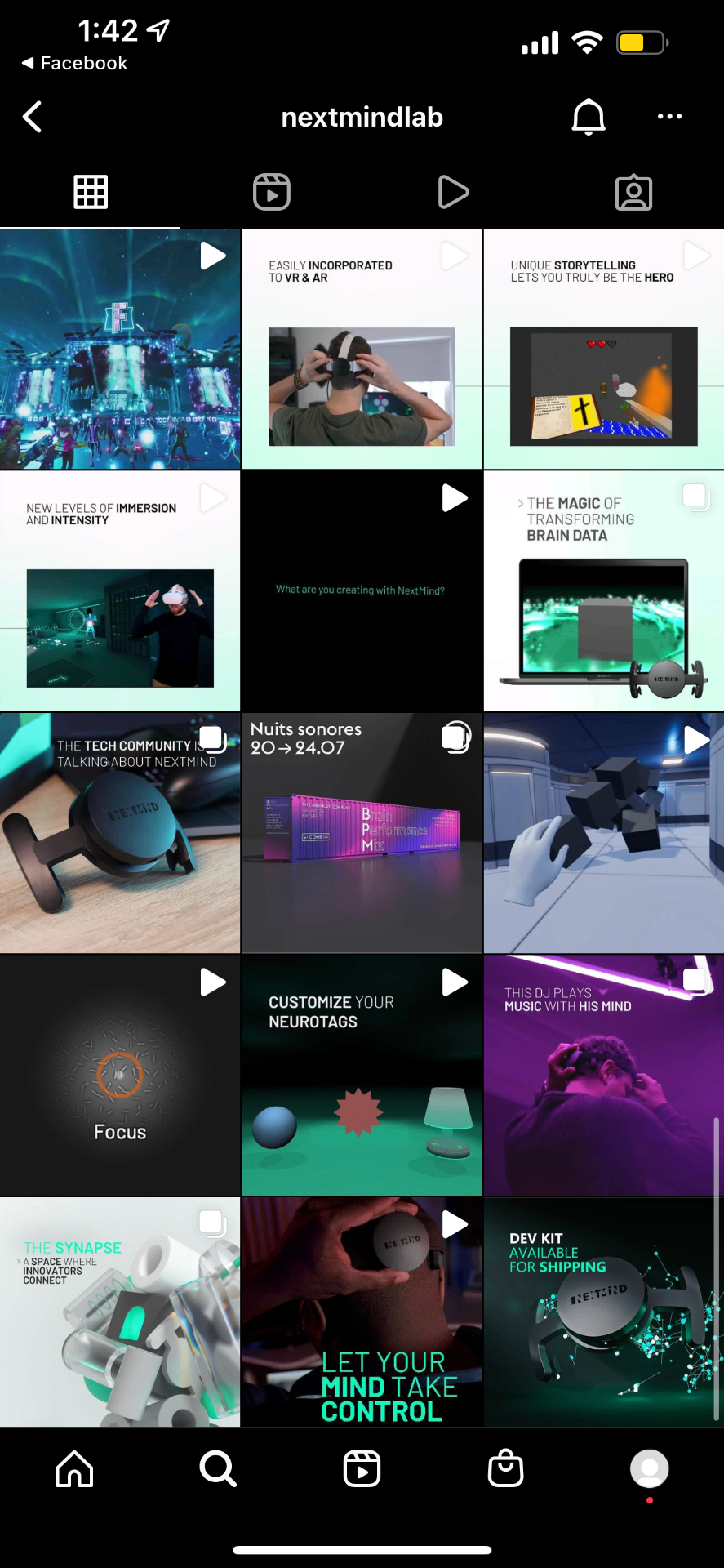 NextMind Instagram content grid covering VR, gaming and brain-computer interface content