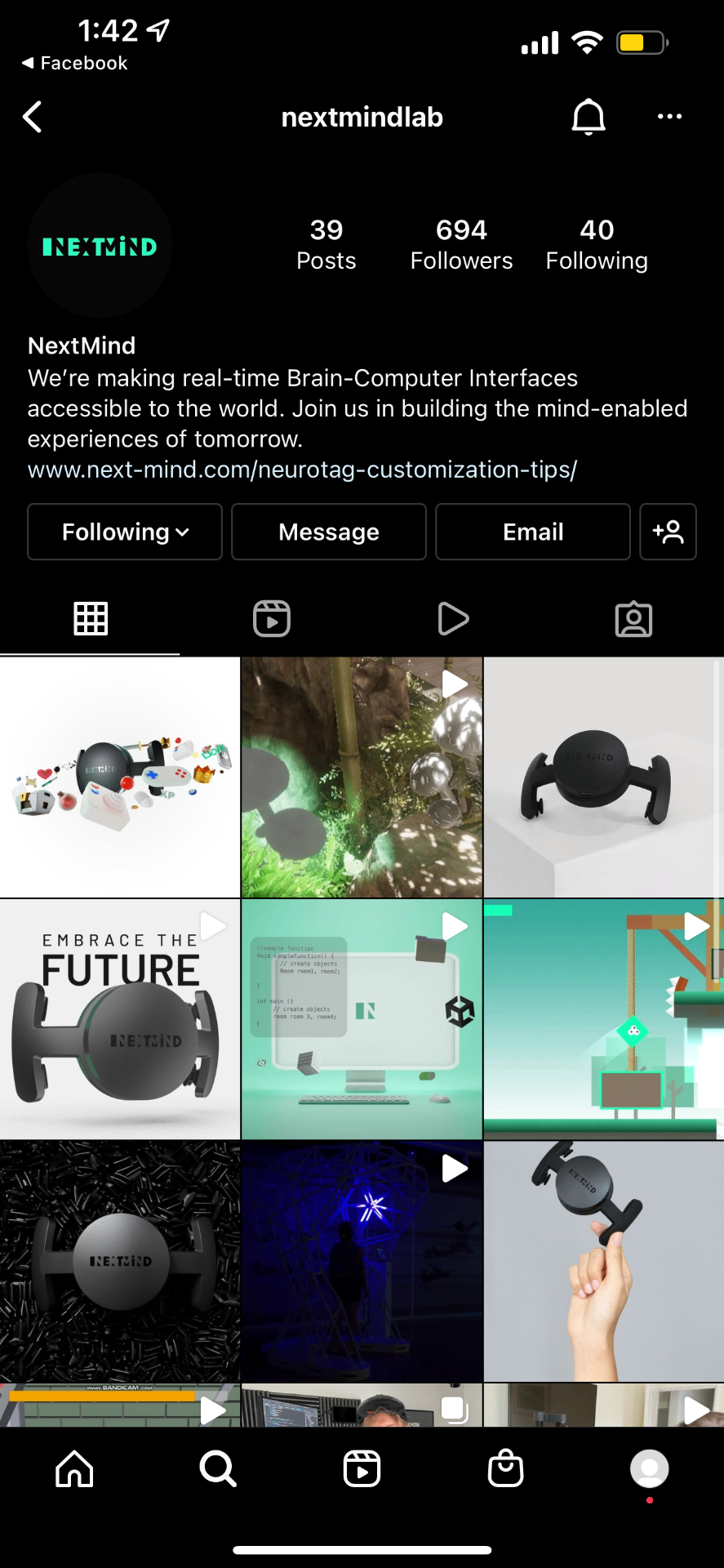 NextMind Instagram profile: @nextmindlab with product feed