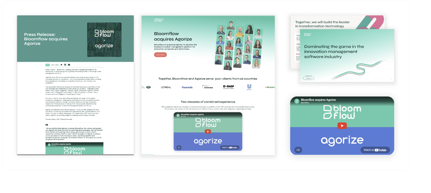 Communication system, press release, landing page, leadership deck and motion announcement